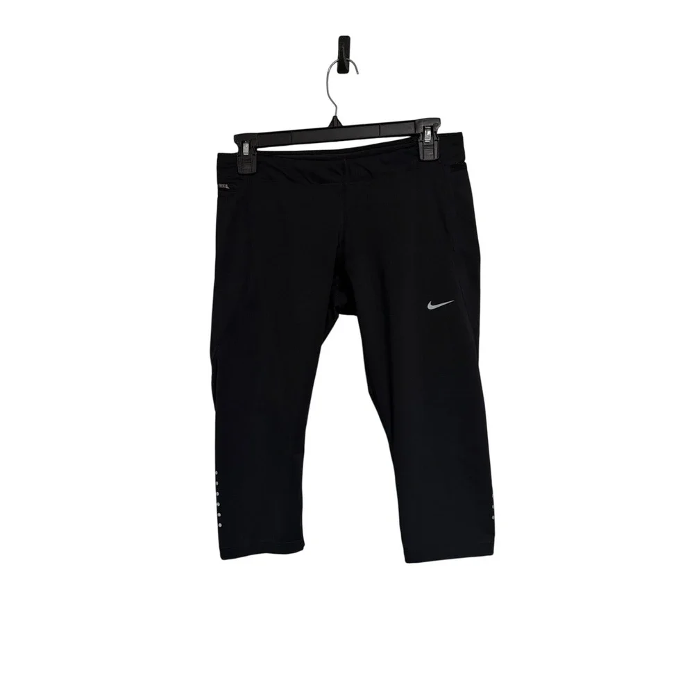 Nike Dri-Fit Womens Black Capri Running Leggings Size M‎ Reflective Zip Pocket